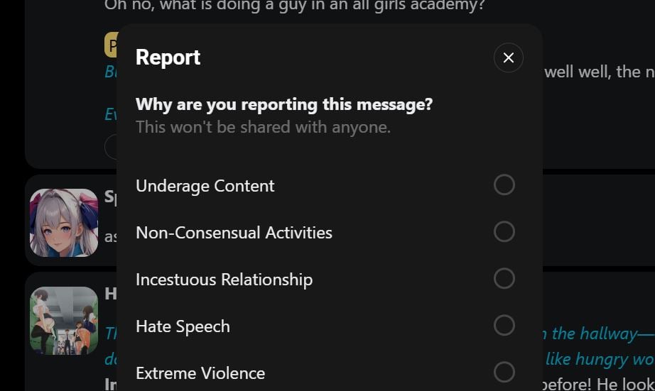举报弹窗：从预置理由中选择举报原因